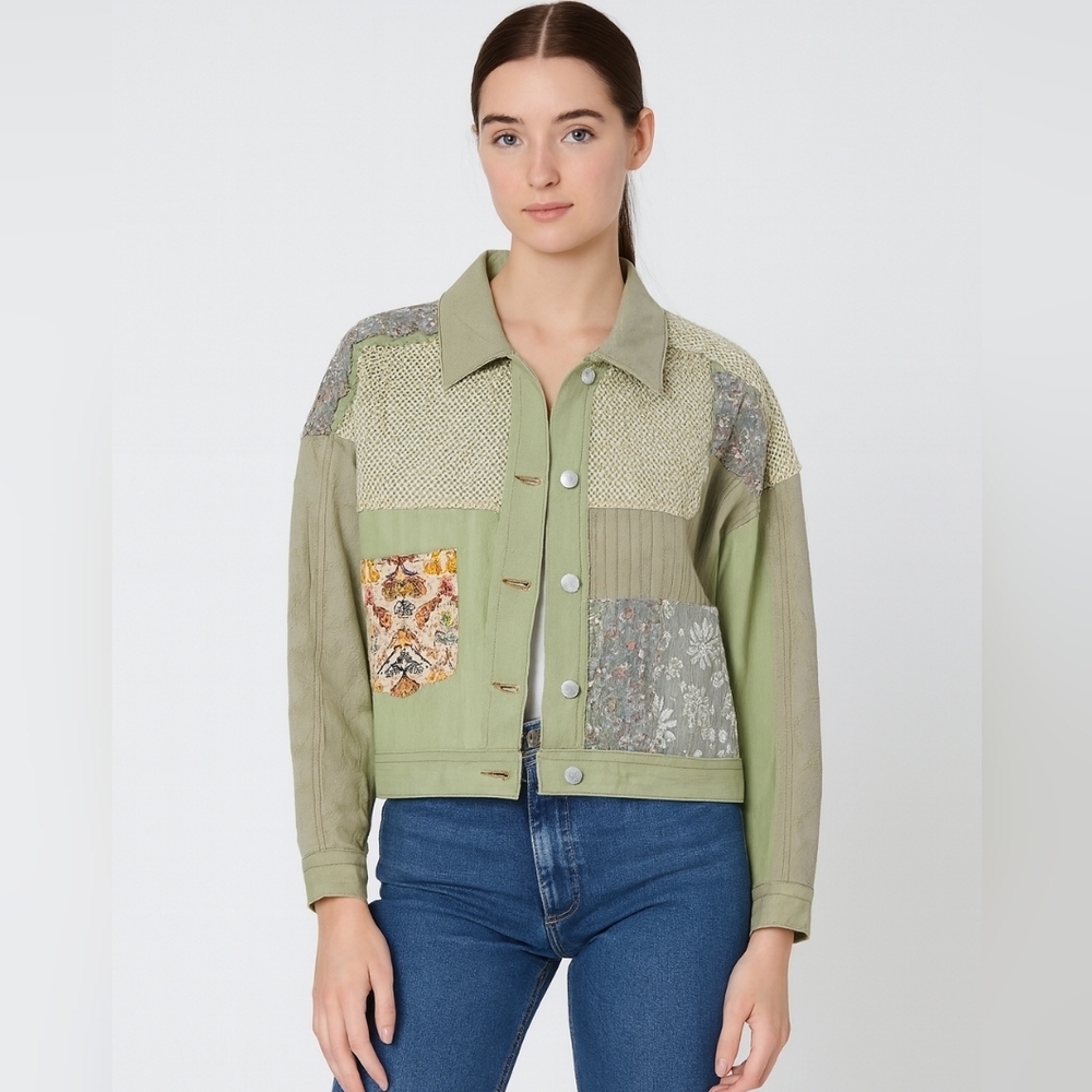 Pol Patchwork Mixed Prints Boho Twill Cotton Button Quilted Jacket Women's Small